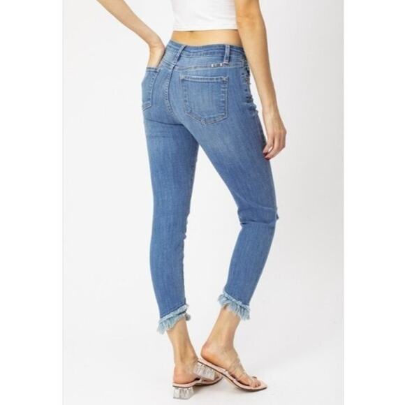 Kancan Mid Rise Ankle Skinny Jeans Size 5 /26 Raw Hem Distressed Fringe Juniors - Picture 3 of 10